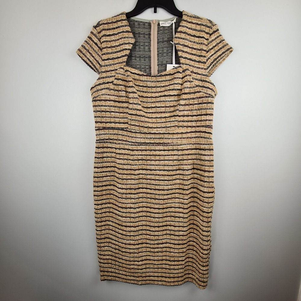 Grace Karin Womens XL Vintage Pencil Striped Tweed Knit‎ Sheath Dress Cap Sleeve